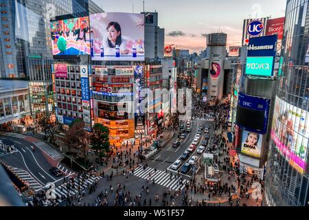 Shibuya Crossing von oben, Massen von Leuten an der Kreuzung mit der Straßenbeleuchtung und farbenfrohe Schilder beleuchtete, beleuchtete Werbung in der Stockfoto