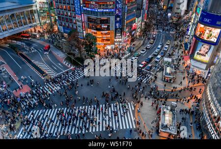 Shibuya Crossing von oben, Massen von Leuten an der Kreuzung mit der Straßenbeleuchtung und farbenfrohe Schilder beleuchtete, beleuchtete Werbung in der Stockfoto