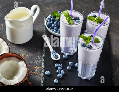 Blueberry schaumigen Milchshakes von Kokosmilch in drei Gläser mit Strohhalmen. Gerissenes Kokosnuss und Krug mit Milch auf einer konkreten Tabelle, Ansicht von oben Stockfoto