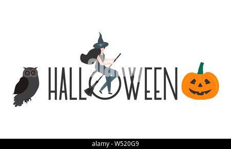 Halloween Vector Illustration mit Inschrift, Halloween, Hexe, Hut, Kürbis, Besen, Owl. Design für Party Karte, Verpackung, Stoff, drucken. Stock Vektor