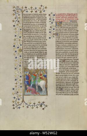 Schapur, der König in Persien, demütigt die Römischen Kaiser Valerian, Unbekannt, Paris, Frankreich, ca. 1413 - 1415, Tempera Farben, Blattgold, Gold Farbe und Tusche auf Pergament, Blatt: 42 × 29,6 cm (16 9/16 x 11 5/8 in Stockfoto