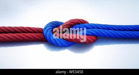 Blau und Rot reffknotens oder quadratischen Knoten auf dunklem Holz - 3D-Darstellung Stockfoto