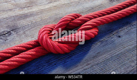 Red Reef knot oder quadratischen Knoten auf dunklem Holz - 3D-Darstellung Stockfoto