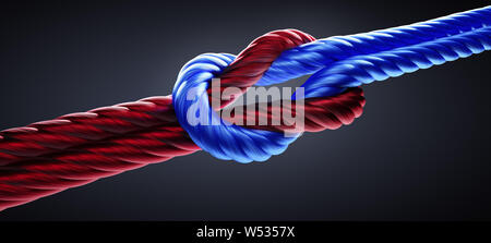 Blau und Rot reffknotens oder quadratischen Knoten auf dunklem Holz - 3D-Darstellung Stockfoto