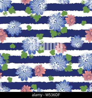 Vektor indigo blaue Streifen nahtlose Muster mit Blättern und wilde Blume. Geeignet für textile, Geschenkpapier und Tapeten. Stock Vektor