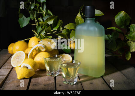 Traditionelle hausgemachte Zitronenlikör Limoncello und frischen Zitrusfrüchten auf der alten Platte. Traditionellen italienischen Likör Limoncello mit Zitrone. Italienische alc Stockfoto