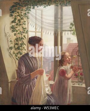 Louis August Smith, Innenraum mit Mutter und Tochter von Fenster, 1853, Öl auf Leinwand, Höhe, 47,5 cm (18,7 Zoll), Breite 41 cm (16,1 Zoll), unterzeichnet, LA Smith Stockfoto