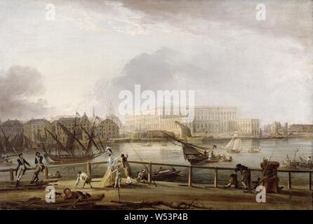 Elias Martin, Aussicht auf Stockholm Palast aus dem Skeppsholm Brücke, Blick auf die Stockholmer Schloss von Skeppsholmsbron, Malerei, Anfang 1780, Öl auf Leinwand, Höhe 52 cm (20,4 Zoll), Breite 76,5 cm (30,1 Zoll) Stockfoto