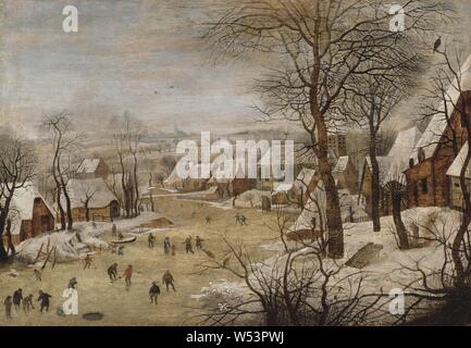 Pieter Breughel der Jüngere, Winterlandschaft mit Skater und ein Vogel Trap, Winterlandschaft mit Skater und ein Vogel trap, Malerei, Landschaft, Kunst, Öl auf Leinwand, Höhe, 39,5 cm (15,5 Zoll), Breite 57 cm (22,4 Zoll) Stockfoto