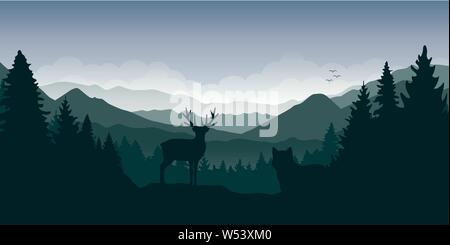 Wolf beobachtet Rehe im Wald an Berglandschaft Vektor-illustration EPS 10. Stock Vektor