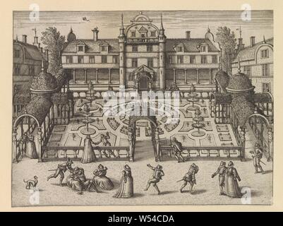 Hof Garten mit Musik und Tanz Hortorum Viridariorumque elegantes und multiplicis formae (Titel der Serie) Gärten der Minne (Titel der Serie), Hofgarten mit Paare Wandern und gemeinsam Spaß haben. Im Vordergrund ein Mann für eine Frau tanzt, während eine andere Dame die Laute spielt. Ein Hund (Symbol der Liebe) Uhren. Andere Paare auch, und zeigen Sie auf das Schauspiel. Der Druck ist Teil eines Albums, Garten der Liebe, der Liebe, der 'Fête galante", Garten, eine Person, die die Rolle Streichinstrument (Zupfinstrument), eine Person alleine tanzen, Französisch oder architektonischen Garten, Garten, Pieter van der Borcht (I Stockfoto