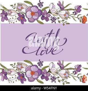 Nahtlose Pinsel und Kranz von Crocus Blumen in Vektor auf weißem Hintergrund. Floral Wreath auf weißen Hintergrund. Leuchtend bunte Frühlingsblumen. Vektor f Stockfoto