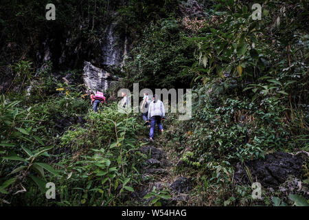 Kinder eine Leiter aus Stöcke und Zweige auf einer Klippe zu gehen zwischen den Bergen in Nongli Dorf zur Schule, Bansheng Stadt, dahua Yao EIN Stockfoto