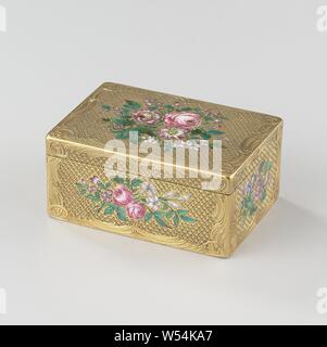 Schnupftabak, Gold, rechteckig, mit Blumensträuße von Emaille verziert, Rechteckig golden snuff Box, mit Blumensträuße in Emaille am Deckel und an den Seiten. Auf der Innenseite des Deckels eine bemalte Family Portrait, Blumenstrauß, Ornament, Barnabé Sageret, Paris, C. 1753 - C. 1754, gold (Metall), Glas, Malerei, h 3,8 cm x B 8,1 cm x T 5,8 cm × w 230.26 Stockfoto