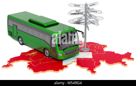 Schweiz Bus Touren Konzept. 3D-Rendering auf weißem Hintergrund Stockfoto