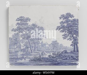 Die Platte mit einer Flusslandschaft mit Schloss, Bauernhof und einige Zahlen lackiert, Platte aus Fayence, in blau lackiert auf die weiße Dose Glasur mit einer Landschaft: in der Mitte ein Schloss, auf der linken Seite einen Bauernhof und im Vordergrund ein Fluss mit zwei Männer sitzen auf der Bank, in der Mitte links eine Frau mit einem Jungen und einem Hund, in das Wasser zu den unter vier Enten in der Nähe von einem Bootshaus links, eine stehende Mann auf dem Bauernhof., Frederik van Frytom (Art und Weise), Delft, C. 1670 - C. 1700, H 47 cm x L 54,8 cm Stockfoto