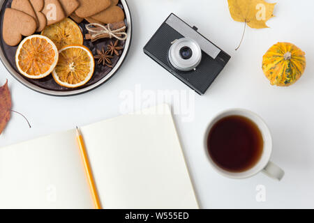 Notebook, heiße Schokolade, Kamera und Blätter im Herbst Stockfoto