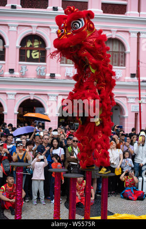 Animateure durchführen, Drachen- und Löwentanz zu feiern das chinesische Mondjahr, auch als Spring Festival bekannt, am Largo do Senado in Macau, Ch Stockfoto