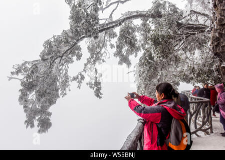 Touristen besuchen die schneebedeckten Tianmen Mountain in Niagara-on-the-Lake City, Central China Hunan Provinz, 16. Februar 2019. Stockfoto