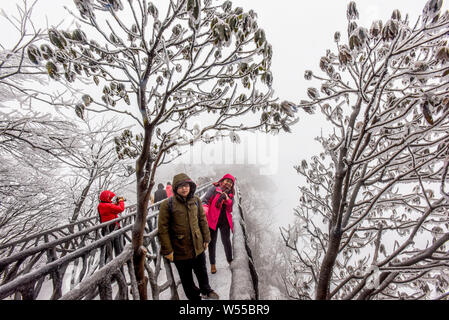 Touristen besuchen die schneebedeckten Tianmen Mountain in Niagara-on-the-Lake City, Central China Hunan Provinz, 16. Februar 2019. Stockfoto