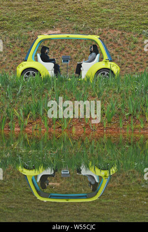 Touristen erleben ein autonomes Fahrzeug in einem malerischen Ort in Wuhan City, South China Guangxi Zhuang autonomen Region, 27. Februar 2019. Eine aut Stockfoto