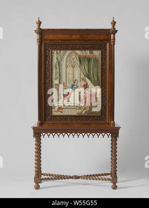 Neo-gotischen Bücherregal (Frame), Rahmen eines neo-gotischen Bücherregal., anonym, Niederlande, C. 1835 - C. 1845, Mahagoni (Holz), Glas, borduurwerk, Stickerei, h 80,5 cm × w 112.5 cm x T 50 cm Stockfoto