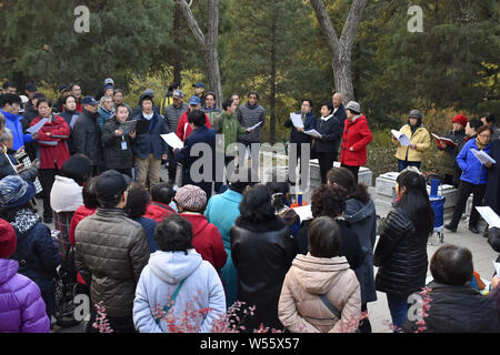 Ältere Menschen vor Ort sammeln und viel Spaß in der Jingshan Park in Peking, China, 26. November 2018. Die durchschnittliche Lebenserwartung der Bewohner von Peking Stockfoto