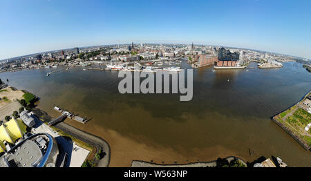 Full Circle Panorama Luftbild (Planetenansicht, kleinen Planeten): die Skyline von Hamburg u.a. mit der Elbphilharmonie, Michaeliskirche, Sankt Pauli Lan Stockfoto