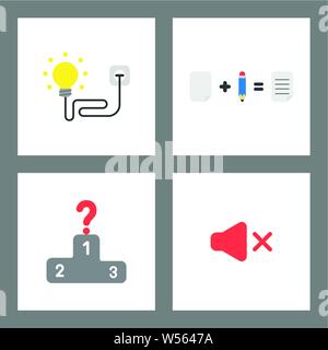 Vektor icon Konzept gesetzt. Glühlampe Steckdose eingesteckt, Papier und Bleistift, frage Mark am ersten Ort der Siegertreppchen, Ton-aus-Symbol. Stock Vektor