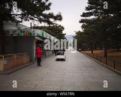 Die autonomen Fahren Abwasserentsorgung Fahrzeug Viggo räumt Müll an der Beijing botanischen Garten in Peking, China, 26. Februar 2019. Eine autonome Stockfoto