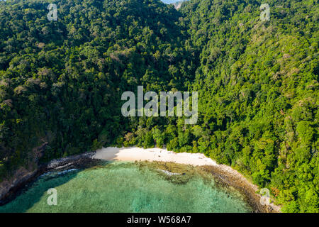 Antenne drone Blick auf einen kleinen Strand an einem üppigen, grünen, tropischen Insel Stockfoto