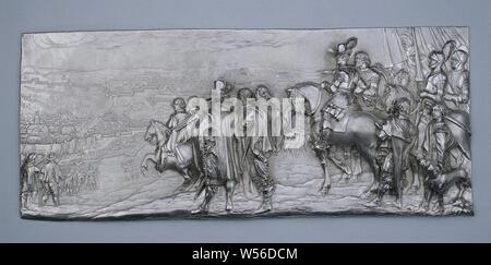 Box mit Episoden aus dem Leben der Familie Spinola Allgemeine Ambrogio Spinola während der Belagerung von Gulik 1622 Szenen aus dem Leben der Familie Spinola (Titel der Serie), ein Flachrelief der angetriebenen Silber, dass Square verlängert und mit abgerundeten Ecken, mit der Darstellung der allgemeinen Ambrogio Spinola während der Belagerung von gulik im Jahre 1622. Signiert und datiert: MATEVS. MELIN. F 1636, Ambrogio Spinola (Marquis de los Balbases), Mattheus Melijn, Südlichen Niederlande, 1636, silber (Metall), h 23 cm x W 54,5 cm, Gianbattista Spinola hier erhält die Schlüssel an das Herzogtum San Pietro in Galatina (Sizilien Stockfoto