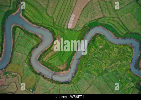 Luftaufnahme der Ming Fluss, ein Symbol der Bama, durch die Felder in Bama Yao autonomen Grafschaft fließen, Hechi City, South China Guangxi Zhuang Au Stockfoto