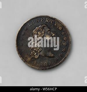 Dollar aus den Vereinigten Staaten von Amerika, 1794, Vereinigte Staaten von Amerika, Dollar, Silber Medaille. Vorderseite: Kopf einer Frau mit gewelltes Haar nach rechts. Jahr im Text unten. Rückwärtsgang: Adler mit ausgebreiteten Flügeln ständigen innerhalb von zwei gebunden Zweige, stehend nach rechts. Als Aufschrift Anzeige: GERÄT hundert Cent eines Dollar., anonym, Philadelphia, silber (Metall), markanten (Metallverarbeitung), d 3,9 cm × w 26.86 Stockfoto