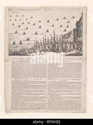 Ankündigung einer fehlgeschlagenen Attentats auf König William III., 1696, Bezug der Königlichen Gesellschaft der James II/Realtion de La Royale entreprise de Jaques II (Titel auf Objekt), die vertriebenen König James II. im Exil in Frankreich ist die Vorbereitung nach England zu fahren, wenn das Attentat auf König William III. gelingt. Kriegsschiffe auf See und im Vordergrund eine Armee, die sich einschifft. Auf der rechten Seite, Würdenträger, wahrscheinlich Ludwig XIV. und Jakob II. Auf der rechten Seite, Verteidigung Türme und eine Ausdehnung von der Küste. Auf dem Blatt unter der Platte eine Beschreibung der Handlung und eine Rede von König William III. Stockfoto