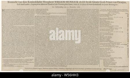 Meer Reise durch sijne Konincklijcke Hoogheyt Willem Henrick der III, durch die Gnade Gottes Prinz von Oranjen, Erff-Stadthouder, Capiteyn und Admirael Generael der Vereenigde Staets, für Vrijheyt und wahren Religion in Großbritannien: Uyt Hellevoetsluys den 11. November 1688 (Titel auf Objekt), Text mit einer Beschreibung der Ereignisse, die Legende der Zahlen 1-12 und eine Liste der Schiffe, die Teil der Flotte, in 4 Spalten in Niederländisch. Text Blatt vom Drucken mit Vlootschouw bei der Abreise von Willem III. von Renesse, England, November 11, 1688. Finden Sie im beiliegenden Drucken Stockfoto