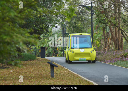 Touristen erleben ein autonomes Fahrzeug in einem malerischen Ort in Wuhan City, South China Guangxi Zhuang autonomen Region, 27. Februar 2019. Eine aut Stockfoto