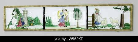 Magische Laterne Bilder, eine magische Laterne Folie zeigt eine hockende Frau, ein Liebespaar und ein Mädchen mit den Schafen., anonym, 1800-1900, Glas, Malerei, w 30,7 cm x H 6,3 cm Stockfoto