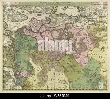 Karte von Brabant, Brabantiae Batavae pars occidentalis, sive Antverpiensis tetrarchiae Pars septentrionalis comprehendens Baroniam Bredanam, Marchionatum Zomam Bergensem ad... (Titel auf Objekt), Karte der westlichen Teil von Brabant. Bereich zwischen Bergen op Zoom im Westen nach Tilburg im Osten, Zentral die Baronie Van Breda. Oben eine Leiste mit Links eine Legende der Symbole, in der Mitte der Titel und auf der rechten Seite zwei Skala Sticks: 1 1/2 Gemeinsame Duytsche Myle von 15 in Grad/2 Fransche Mylen oder der Stunden Gaans von 20 Grad. Die Karte ist mit einem Koordinatensystem, Raster und einen Grad zur Verfügung gestellt Stockfoto