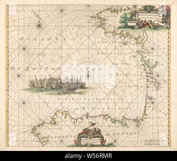 Seekarte des Golf von Biskaya, in der Bucht von Biskaya und Vranckryck Galissen/Galliae, Biscajae et Gallissiae (Titel auf Objekt), die Atlantikküste zwischen der Bretagne und nordwestlich Spaniens. Im Meer zwei Kompass Rosen und eine Schlacht mit niederländischen Schiffen. Oben rechts eine Kartusche mit dem lateinischen Titel mit dem Französischen Wappen verziert, ein Reiter, zwei Männer, Essen und Trinken und ein Satyr mit Trauben. Unten in der Mitte eine Kartusche mit dem Niederländischen Titel. Diese kartusche mit Fisch eingerichtet, das Goldene Vlies und verschiedene Spanier. Die beiden unteren Skala sticks direkt in Deutsche und Französische Meilen. Nummerierte top Stockfoto