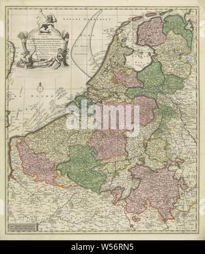 Karte der Republik der Sieben Vereinigten Niederlande, Neue Karte der 17 niederländischen Provinzen, in denen die Länder erobert durch den König der Vrankryk sowie das Haus der Oostenryk, der König von Preußen ... (Titel auf Objekt), Karte im Maßstab 1:860 000 mit einem farbigen Bereich Anordnung in Grün, Lila, Gelb und leer. Über der Inschrift und das Wappen der Republik links, flankiert an der Unterseite durch zwei Götter, Karten der einzelnen Länder oder Regionen, Niederlande, Josua Ottens, Amsterdam, 1725-1750, Papier, Druck, L 63,1 cm x W 54,6 cm l 59 cm × w 50,1 cm Stockfoto