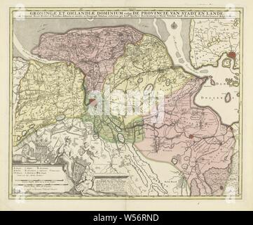 Karte der Provinz Groningen, Groningae et Omlandiae dominium vulgo der Provinz Stadt und Lande... (Titel auf Objekt), Karte der Provinz Groningen im Maßstab 1:128 000. Unten links eine Kartusche mit der Legende und zwei Skala Sticks: Gemeinsame Duytsche mylen von 15 in einem Grad, gemeinsame Frankreich mylen oder Stunden gehen. Oben ist das Wappen von Groningen, auf der rechten Seite das Wappen von Ludolph Tjarda van Starkenburg unter einem Putto mit Harfe, flankiert von einem Behelmten Frau und Mann (eventuell Minerva und Mars). Um die Groningen Waffe Käse, Torf, Holz Fass, ein Pferd Stockfoto