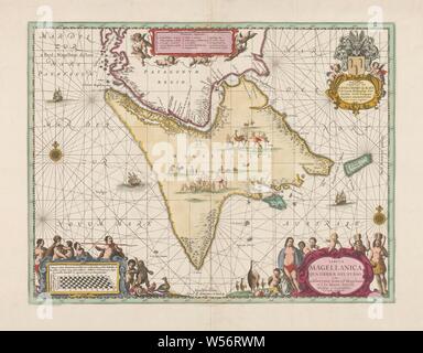 Karte von Brand Land, Tabula Magellanica in Bezug auf Tierrae del Fuego (Titel auf Objekt), Karte von Brand Land und die Magellanstraße, in Grün umrandet, Bereiche gefärbt. Zwei Kompass Rosen, Schiffe im Meer, Bilder von Jagd und Ernährung Menschen und Vögel auf dem Land. Unten links und unten rechts die Schüssel den Titel Kartusche der Einwohner für Vuurland, Pinguine und Schalen umgeben. Rechts oben der Auftrag von Johannes Janssonius zu Gualtherus de Raet, mit Wappen und Helm, flankiert von zwei Amoretten, Karten oder einzelne Länder oder Regionen, Vuurland, Magellan Straße, Pieter Schenk (I) (erwähnt Stockfoto