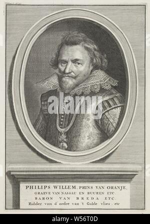 Porträt von Philipp Wilhelm, Prinz von Oranien, Porträt von Philip Willem in einem Oval. In einem Frame, seinen Namen, seine Orden Orden vom Goldenen Vlies - Abzeichen der Ritterschaft um, z.b.: Abzeichen, Kette (mit Namen), Philip Willem (Prinz von Oranien), Bernard Picart, Nederlanden, 1693 - 1733, Papier, Ätzen, H 262 mm x B 182 mm Stockfoto