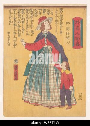 Niederländische Frau mit Kind, - Gaikoku jinbutsuga Oranda fujin (Titel auf Objekt), einem niederländischen Weibe in einem karierten rock und rote Bluse, Umhang und Hut, eine junge auf Ihrer Linken, wahrscheinlich ihr Sohn, ihre rechte Hand leicht angehoben, Sie sieht auf der rechten Seite. Der Text in japanischen Schriftzeichen geschrieben wurde durch die (SATIRISCHE) Schriftsteller/Journalist Kanagaki Robun (1829-1894): "Der Name des Landes, sind die Niederlande. Das Land ist in 17 Provinzen unterteilt, und seine Hauptstadt ist Amsterdam. Menschen sind in der Technologie und Kunst gut, und Wissenschaft ist dort sehr gut verstanden. Es gibt natürlich Krankenhäuser und Schulen in Stockfoto