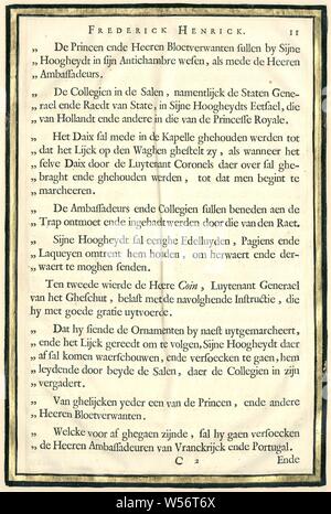 Die Beschreibung der Beerdigung von Frederik Hendrik, s. 11 Begräbnis- Direktor von syne hoogheyt Frederick Henrick. Luxuriös farbige Ausgabe der Drucke der Trauerzug von Frederik Hendrik im Jahre 1647 (Titel der Serie), Seite 11 der Beschreibung der Beerdigung von Frederik Hendrik. Blatt ausgeschnitten, mit Gold verziert und in der Luxury Edition von ca eingefügt. 1755 das Buch "Begraeffenisse van Syne hoogheyt Frederick Henrick' von Pieter Post, in Amsterdam im Jahre 1651 veröffentlicht, Frederik Hendrik (Prinz von Oranien), Pieter Jansz. Post, Amsterdam, 1651, Papier, Buchdruck, h 385 mm × w 265 Stockfoto