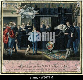 Darstellung der Nassausche Rust-Bedde, Waer op Wert zeigt die Toten Lichaem der Sijn Hoogheyt Frederick Henrick, Prinz von Oranjen, Grab von Nassau, ehemalige Mitglieder in der Götzen - Hage, den 14. Maert, 1647 Begraeffenisse van Syne hoogheyt Frederick Henrick. Luxuriös farbige Ausgabe der Drucke der Trauerzug von Frederik Hendrik im Jahre 1647 (Titel der Serie), den verstorbenen Prinz Frederik Hendrik auf seinem Sterbebett. Die Mitglieder der Familie und Freunden umgeben das Bett. Im Obergeschoss der Faam fliegt weg die Nachricht vom Tod des Prinzen zu verkünden. Farbiger Druck in goldenen Rahmen und in eingefügt Stockfoto