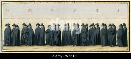 Der Trauerzug von Frederik Hendrik, Platte. 05 Trauerzug von syne hoogheyt Frederick Henrick. Luxus farbige Ausgabe der Drucke der Trauerzug von Frederik Hendrik im Jahre 1647 (Titel der Serie), Platte. 5. Farbiger Druck in einem Rahmen geschmückt mit Gold und in der Luxury Edition eingefügt von Ca. 1755 das Buch "Begraeffenisse van Syne hoogheyt Frederick Henrick' von Pieter Post, in Amsterdam im Jahre 1651 veröffentlicht, Frederik Hendrik (Prinz von Oranien), Pieter Nolpe, 1651, Papier, Ätzen, H 225 mm x B 565 mm Stockfoto