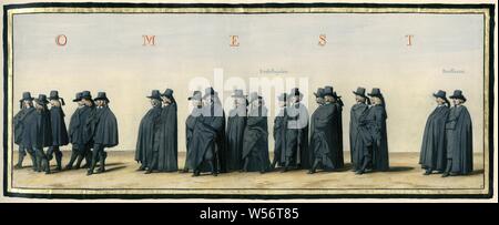 Der Trauerzug von Frederik Hendrik, Platte. 7 Trauerzug von syne hoogheyt Frederick Henrick. Luxuriös farbige Ausgabe der Drucke der Trauerzug von Frederik Hendrik im Jahre 1647 (Titel der Serie), Platte. 7. Farbiger Druck in einem Rahmen geschmückt mit Gold und in der Luxury Edition eingefügt von Ca. 1755 das Buch "Begraeffenisse van Syne hoogheyt Frederick Henrick' von Pieter Post, in Amsterdam im Jahre 1651 veröffentlicht, Frederik Hendrik (Prinz von Oranien), Pieter Nolpe, 1651, Papier, Ätzen, H 225 mm x B 565 mm Stockfoto