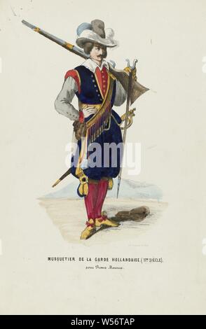 Musquetier de la Garde Sauce Hollandaise (17. siècle). Le Prince Maurice, Mann im historischen Kostüm eines Musketier des Niederländischen Guard unter Prinz Maurice, 17. Zusätzliche Leistung für die Blechbearbeitung auf der kostümierten Ball im Schloss des Prinzen von Orange (der spätere König William III) in Den Haag am 26. Februar 1845, historischen Kostüm, Feuerwaffen (mit Namen), Elias Spanier (auf Objekt erwähnt), Den Haag, 1840 - 1850, Papier, H 274 mm x B 180 mm Stockfoto